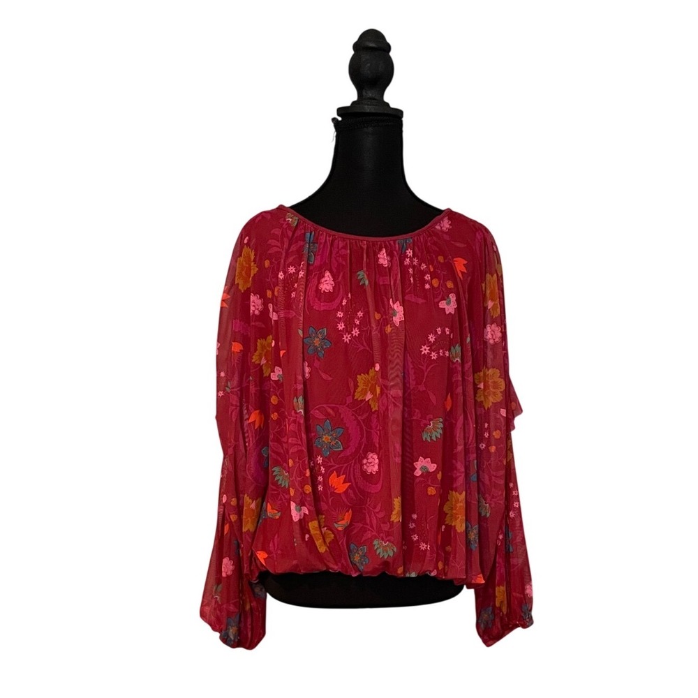 Free People Vibrant Floral Sheer Dolman Sleeve Blouse Red Pink Boho Womens Top